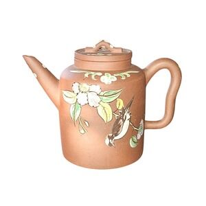Antique Yixing Zisha Clay Teapot With Colorful Glaze Of flowers and bird, signed